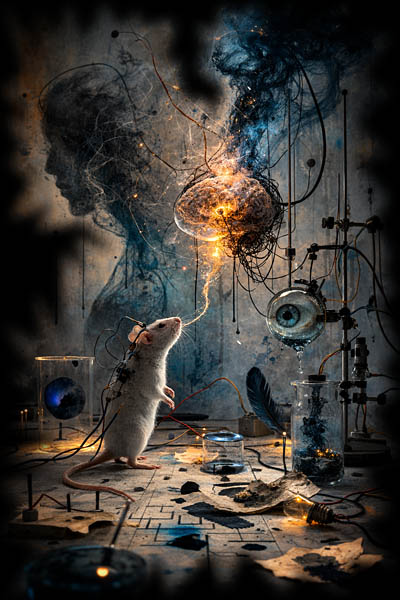 {KI-generiertes Bild: Poesie-Laborratte im Bewusstseinsexperiment}